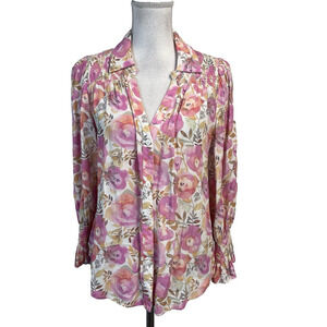 Fate Blouse Small Pink Coral Roses Smocked Romantic Cottage-core Garden Party